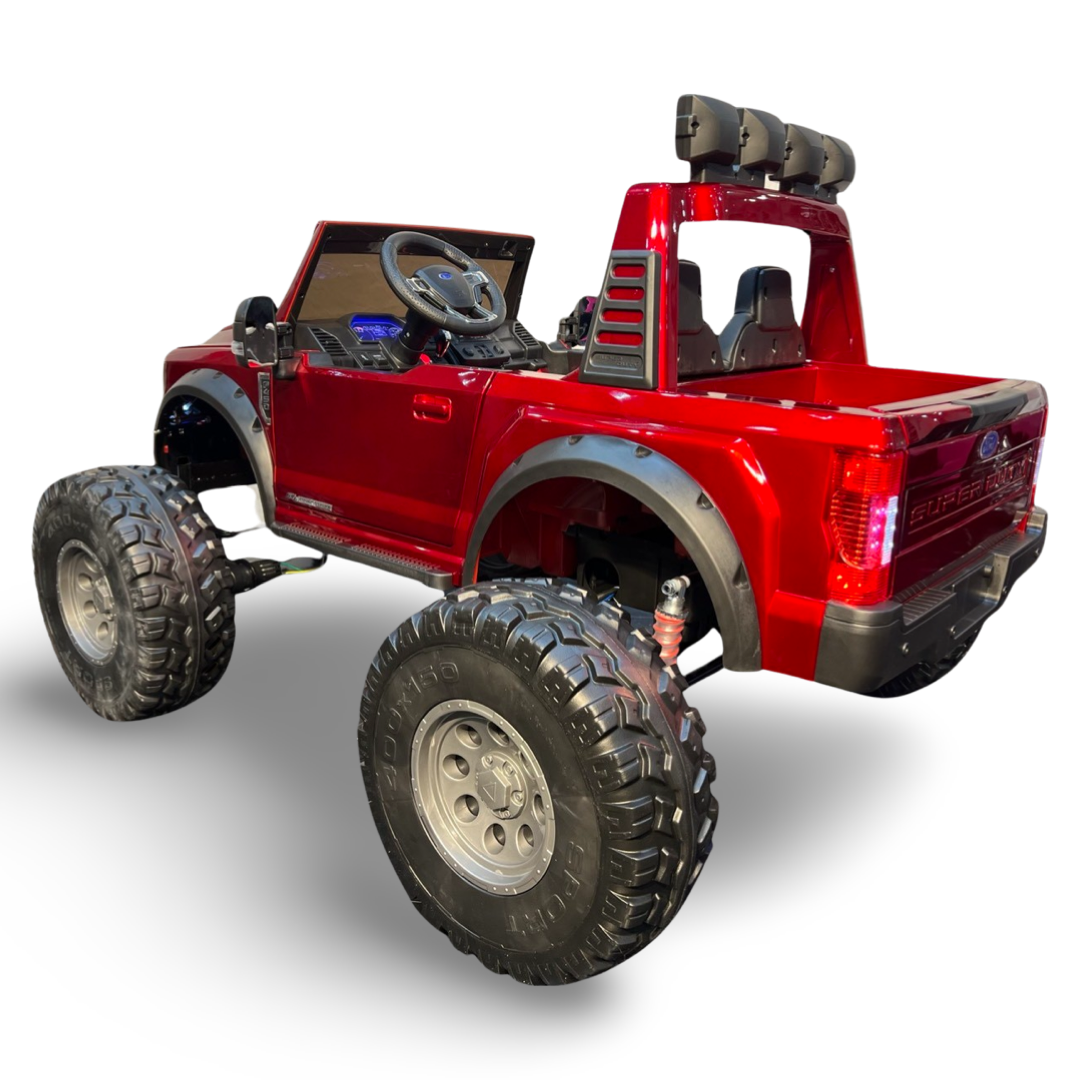 24V F-450 (4X4, RUBBER WHEELS, LIFTED, LEATHER SEATS, BLUETOOTH, 4 MOTORS, REMOTE CONTROL)