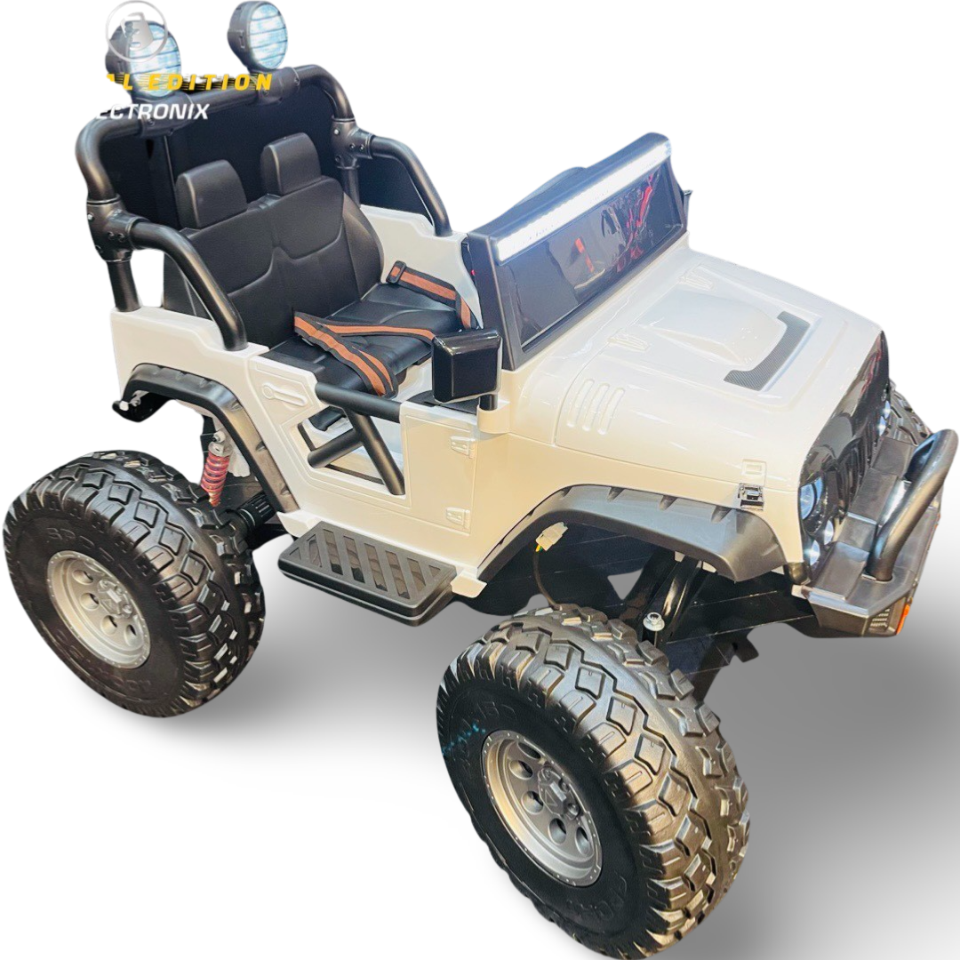 24V JEEP 4X4 (LIFTED, RUBBER WHEELS, 4 MOTORS, LEATHER SEATS, BLUETOOTH, RADIO, REMOTE CONTROL)